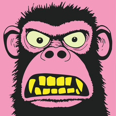 Retro gorilla angry face vector animal portrait with teeth showing, scary wild eyes, black and pink and yellow ink art, grunge old faded street art, graffiti black line drawing