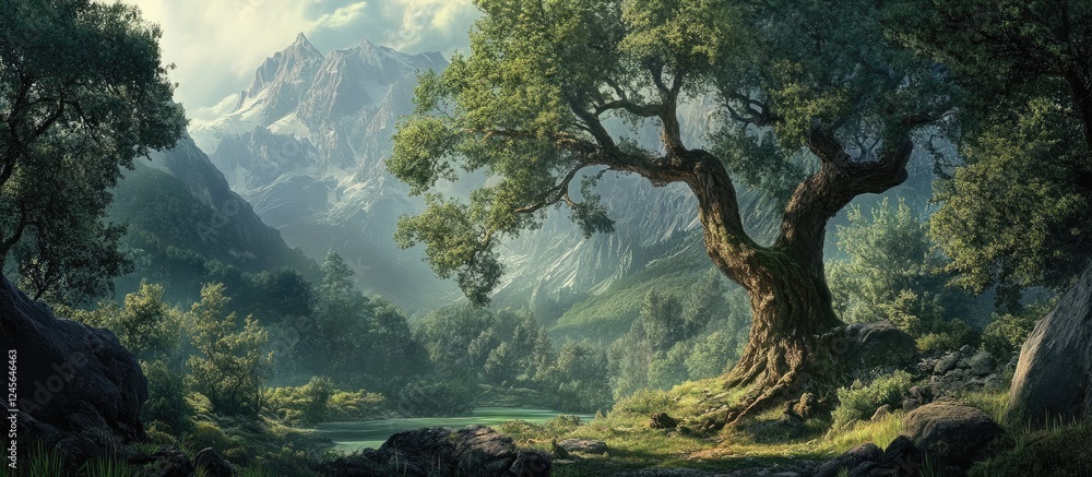 Poster majestic old tree in vibrant green forest surrounded by mountains tall grass and rocks creating a st