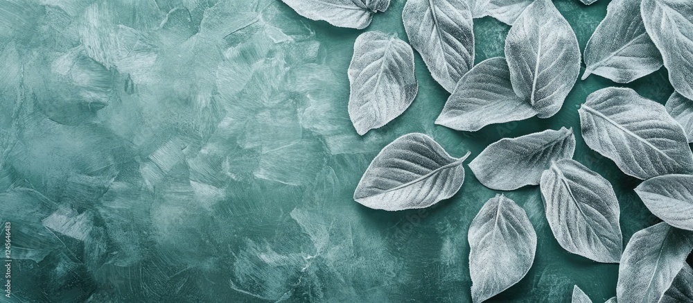 Poster Frosty silver peach leaves cluster in the upper right against a vibrant green textured background creating an elegant design space for typography