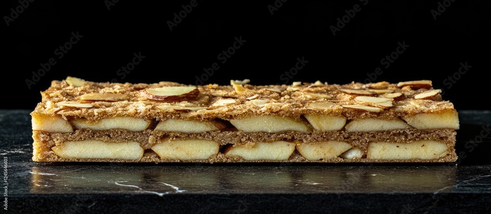 Poster rustic apple almond flour slab cake on a dark stone table featuring layered apple slices and almond 