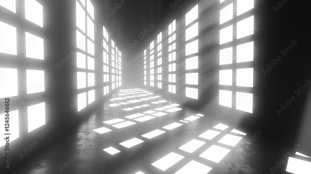 Poster bright hallway with numerous windows casting shadows on the floor, filled with light creating an eth