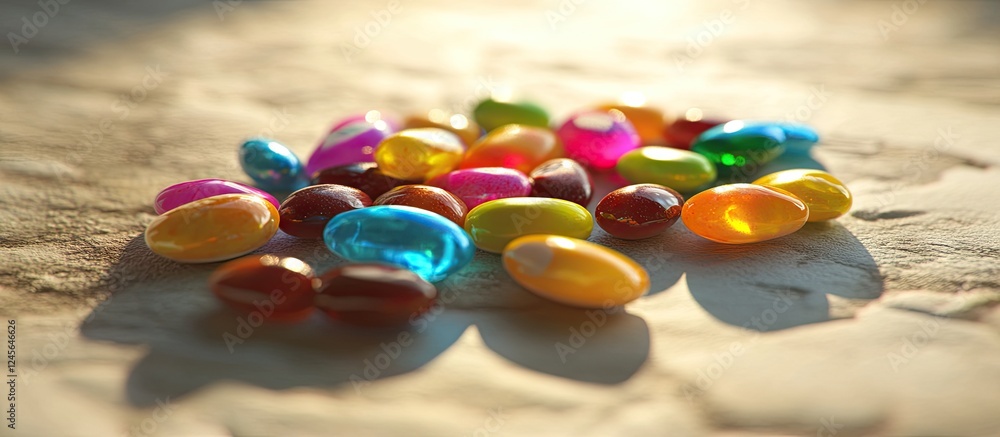 Poster vibrant assortment of jelly beans scattered on a textured light background with colors ranging from 