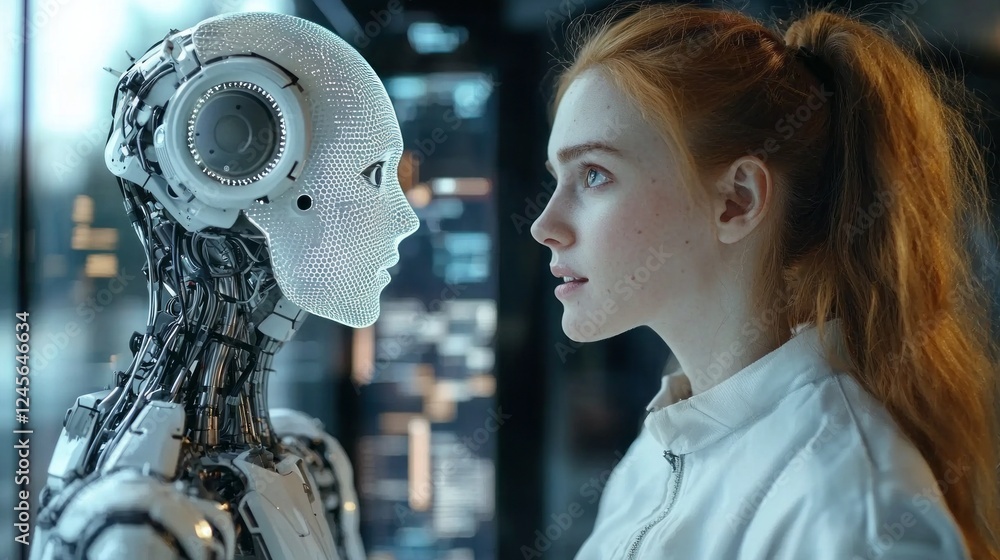 Poster a young woman gazes intently at a humanoid robot, embodying curiosity and connection in a cutting-ed