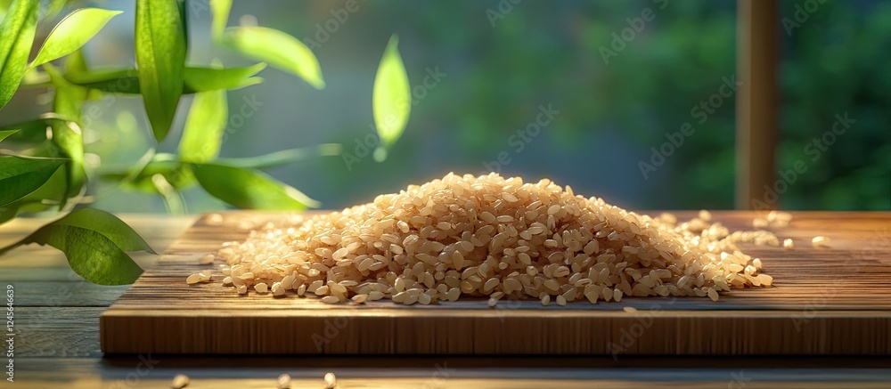 Aufkleber glazed heap of wineji rice on a rustic wooden tabletop with green leaves softly blurred in the backg