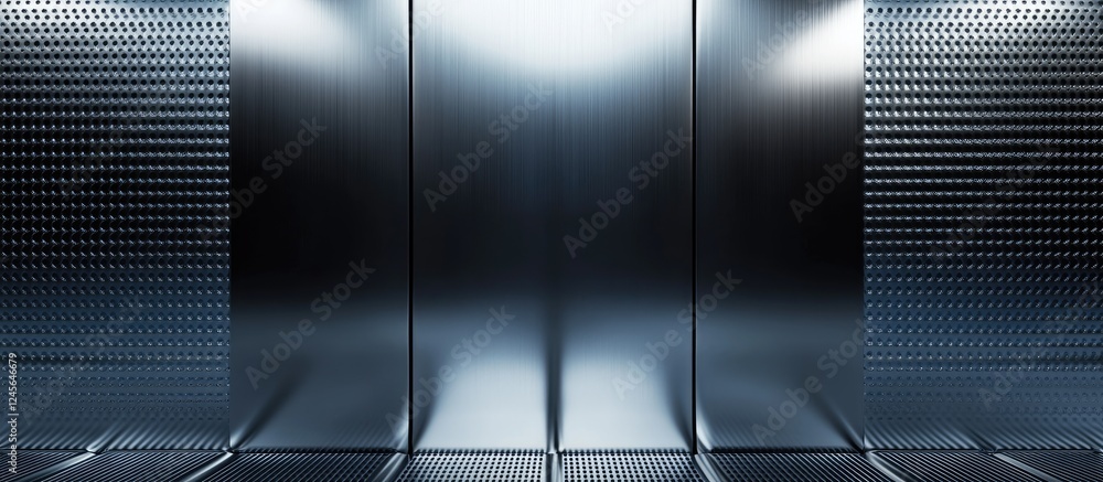 Poster sleek metallic backdrop with reflective surfaces and a subtle gradient of blue tones creating a mode