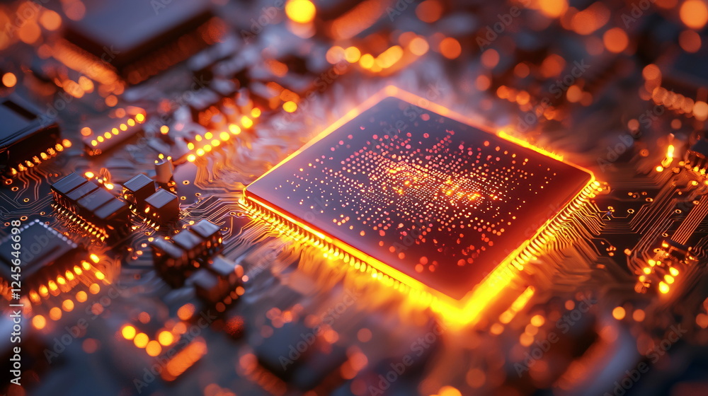 Aufkleber glowing microchip surrounded by intricate circuitry with illuminated connections and a vibrant orang
