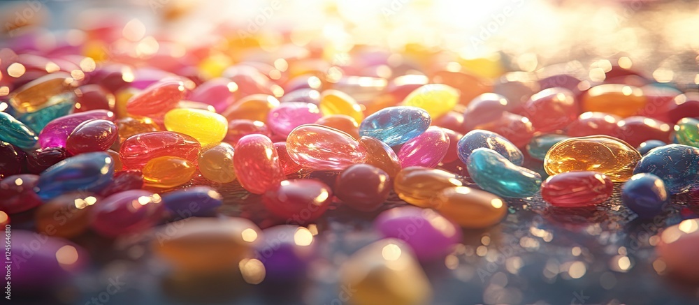 Poster Colorful assortment of jelly beans scattered on a textured light background with sunlit reflections creating a vibrant and eye-catching display.