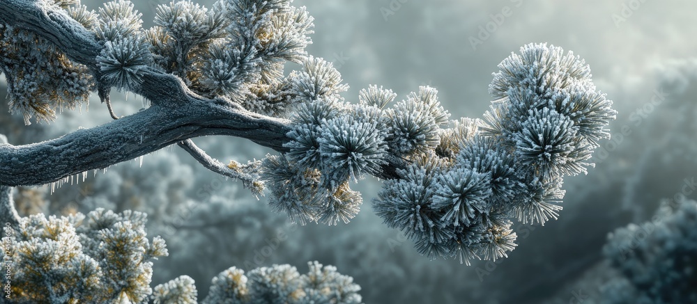 Poster Frosty pine tree branch adorned with intricate frost details against a soft blue backdrop showcasing the serene beauty of winter nature.