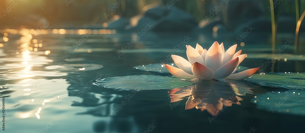 Poster lotus flower with soft pink petals floating on clear water surface at sunset creating a serene atmos