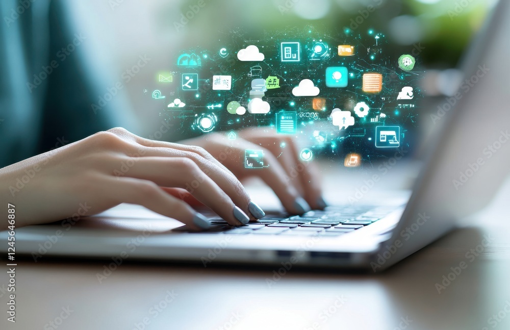Poster person typing on laptop with digital icons representing technology, communication, and data connecti