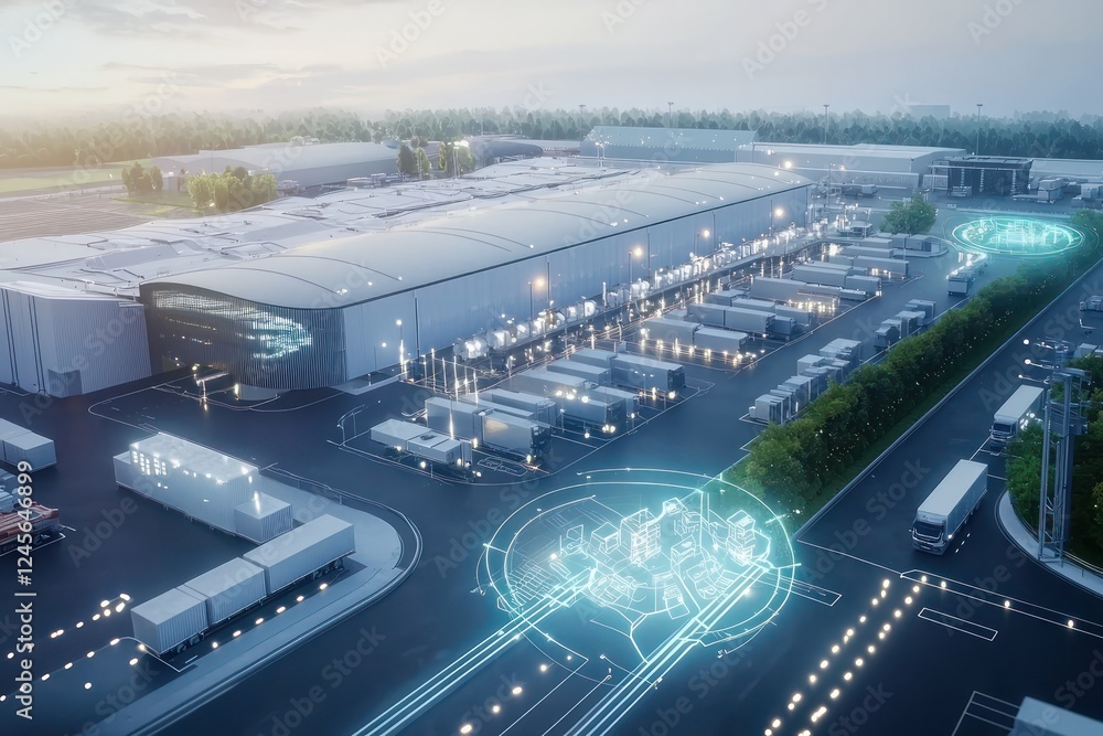Poster sustainable tech in logistics hub ensures traceability and efficiency via holography.