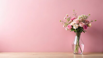 Fototapeta premium A delicate bouquet of pastel roses and wildflowers arranged in a clear glass vase sits on a light wooden surface against a soft pink background.