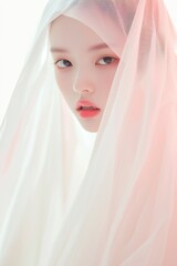 Young Woman Partially Hidden by Sheer Fabric