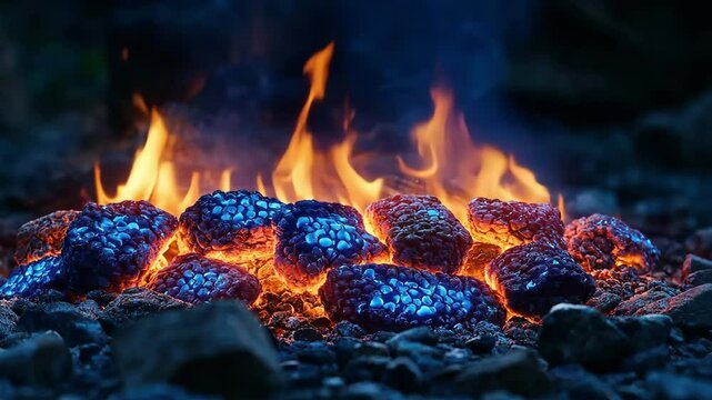Wood burning in a campfire stokes the flames at night in an outdoor fire pit for comfort and relaxation.