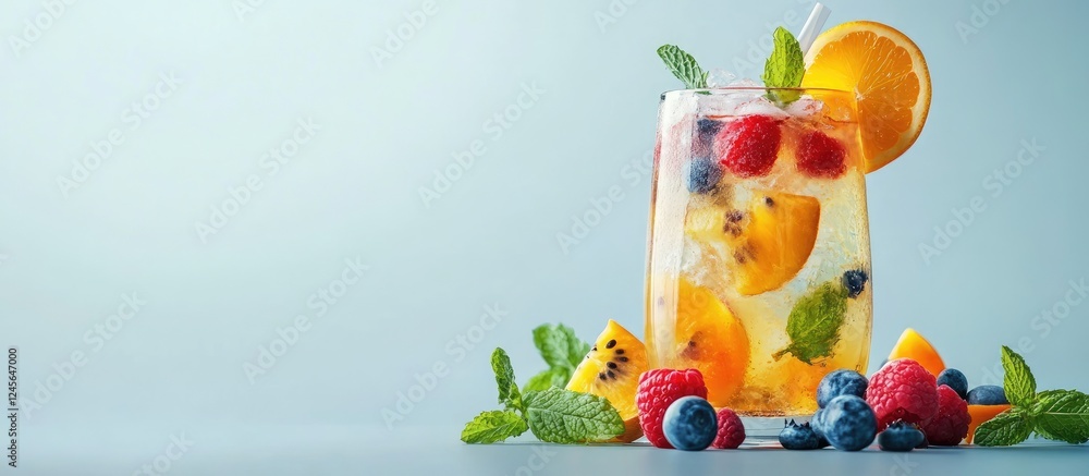 Poster refreshing beverage mockup featuring colorful berries and orange slices with mint leaves arranged in