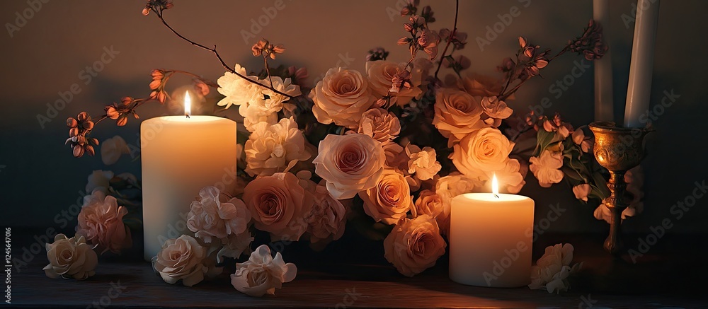 Poster Romantic table setting featuring soft pink roses and white candles illuminated by warm light against a dark background, creating an intimate atmosphere.