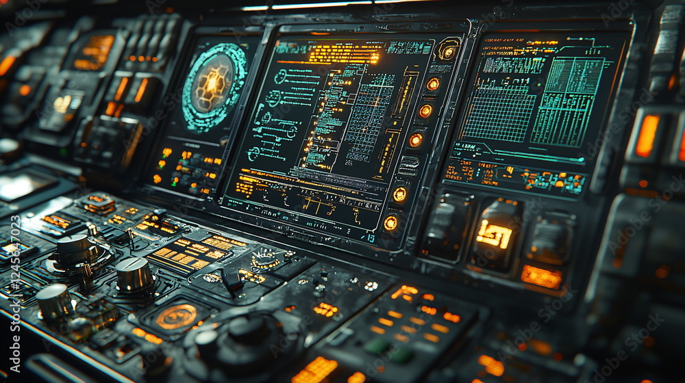 Poster futuristic control panel with glowing displays and buttons, intricate technology interface, sci-fi d