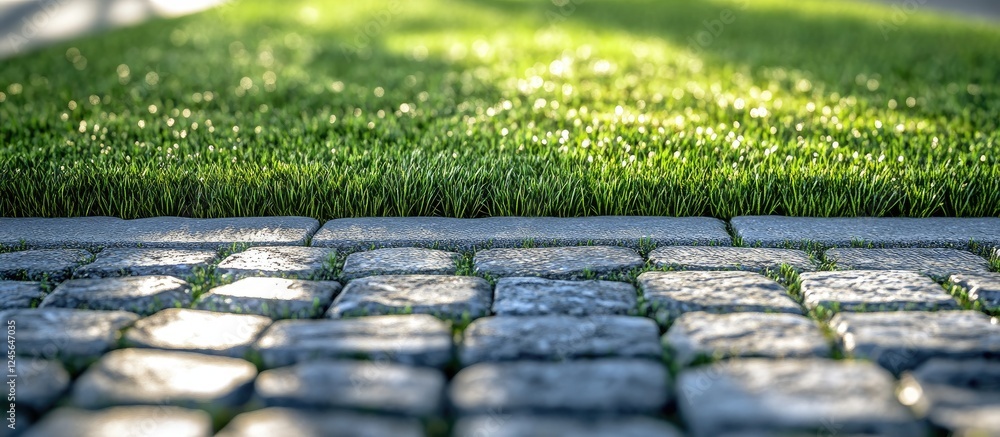 Poster green grass contrasting with cobblestone pavement in soft natural light, highlighting textures and s
