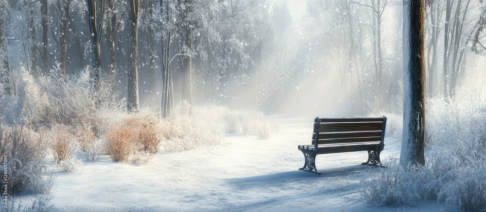 Poster serene winter landscape featuring a wooden bench in a snow-covered park surrounded by frosty trees a
