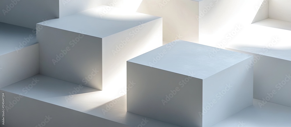 Poster 3d rendering of stacked white square boxes with soft natural light creating subtle shadows and gaps,