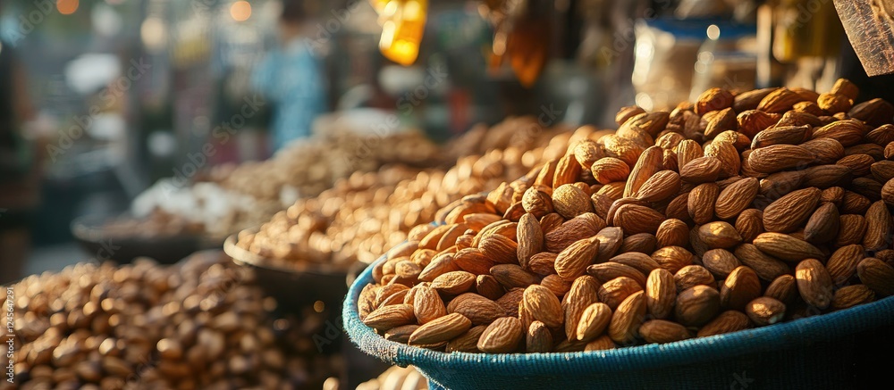 Aufkleber Close-up of vibrant almonds in baskets at a bustling market with warm earthy tones and a blurred background creating an inviting atmosphere