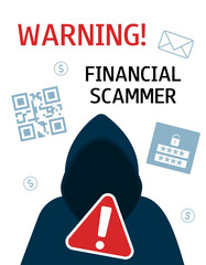 Warning vertical banner, poster about financial internet fraud. Fake QR code, SPAM mailing, hacking. Unknown man in a hood. Phishing scam concept.