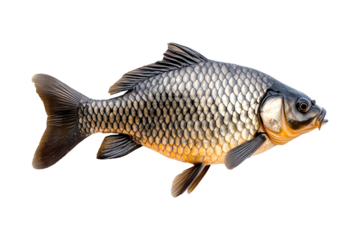 Closeup of fresh common carp fish with detailed scales and fins, isolated on white transparent background, concept of aquatic life
