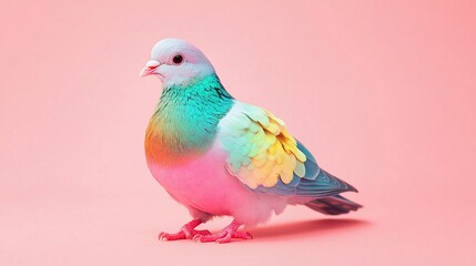 A colorful pigeon with pastel hues against a pink background.