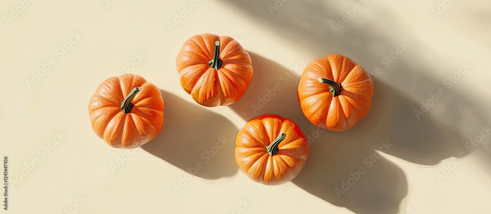 Leinwandbilder top view of four vibrant orange pumpkins arranged on a soft beige background casting long shadows th