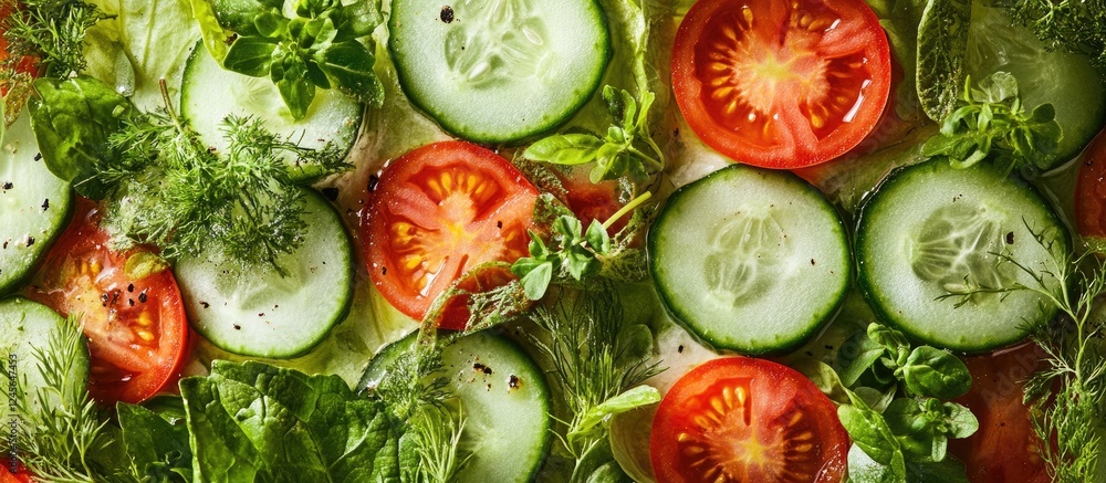Poster vibrant fresh vegetarian salad featuring green cucumber and red tomato slices arranged artistically 