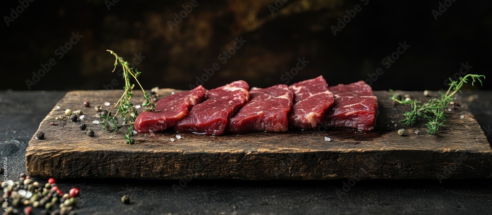 Poster premium raw beef steak slices arranged on a rustic wooden board with fresh thyme and scattered peppe