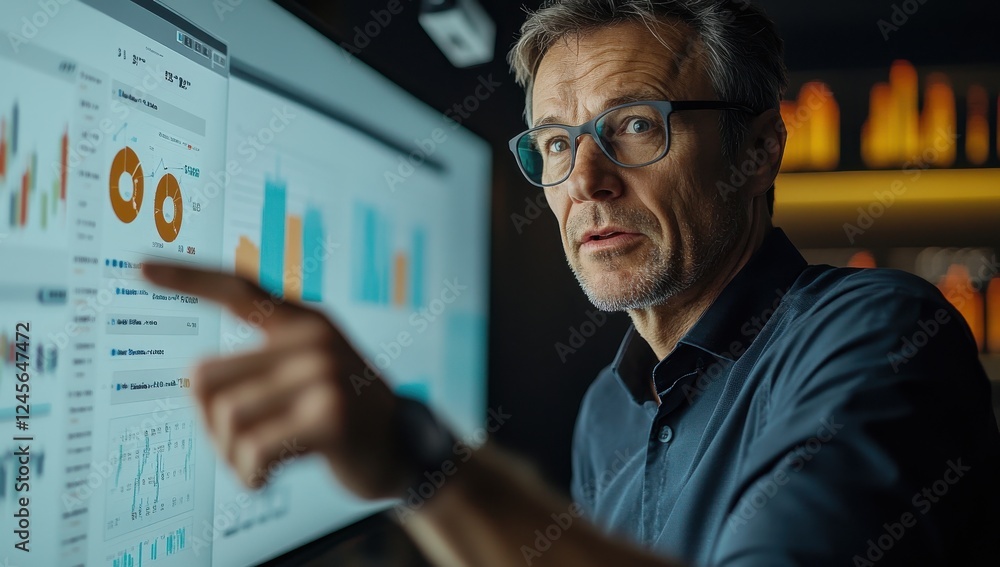 Aufkleber professional man analyzing data on large screen in modern office, focusing on graphs and charts, wit