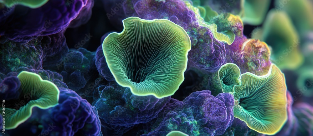 Poster microscopic view of vibrant green and purple fungi displaying intricate details with bright colors a