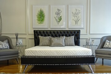 Luxurious black leather bed with crystal headboard, elegant gray chairs, and botanical posters in stylish modern bedroom.