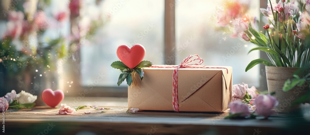 Poster gift box tied with twine adorned with a heart sits on a wooden table surrounded by colorful flowers 