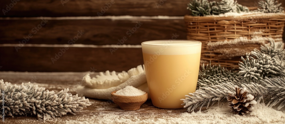 Poster sophisticated yellow glass of milk and cream displayed on snowy brown wooden backdrop with pine bran