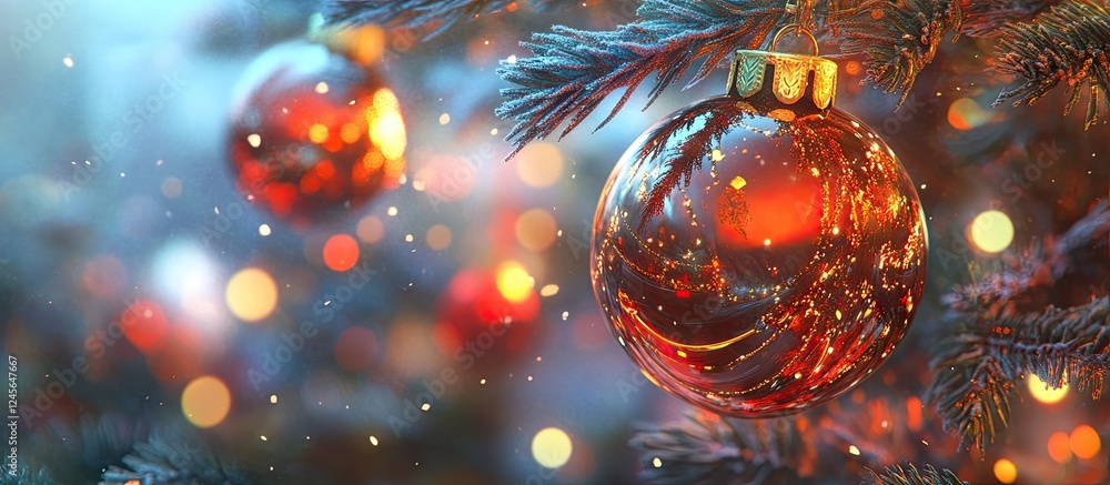 Poster elegant red and gold christmas baubles hang from a lush evergreen tree, creating a vibrant holiday a