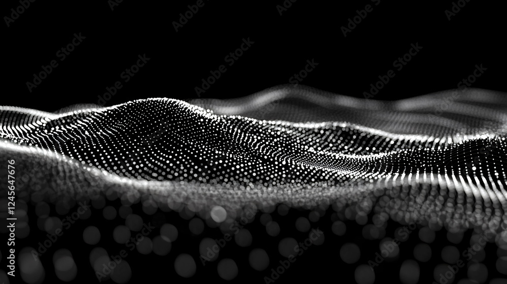Poster waves of white dots creating a stunning, abstract representation of a 3d landscape against a black b