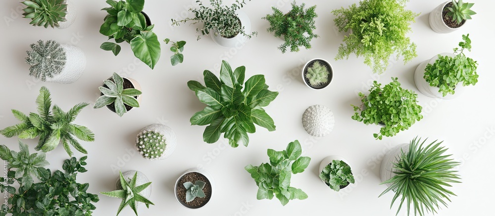 Poster top view of minimal home plant setup featuring a vibrant arrangement of various green plants in pots