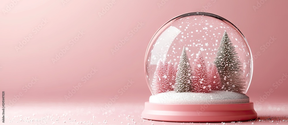 Poster snow globe showcasing a winter scene with green trees and falling snow on a soft pink pastel backgro