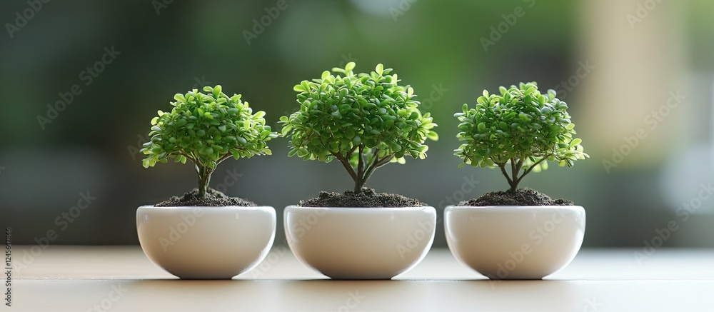 Aufkleber Miniature green trees in white ceramic pots arranged in a row on a wooden surface with blurred background enhancing indoor decor elegance