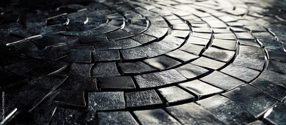 Poster textured gray mosaic floor with spiraling patterns, reflecting light in a dramatic way, creating dep
