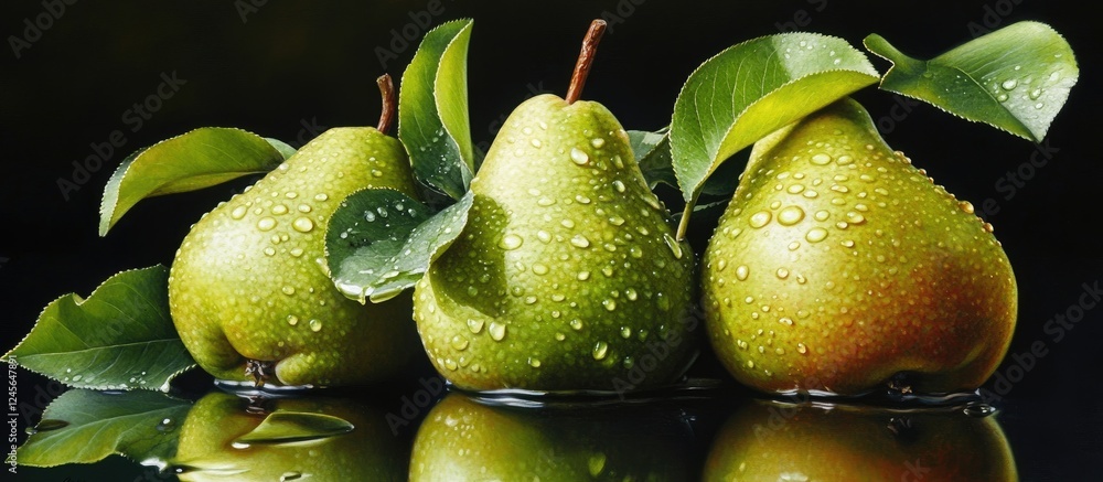 Aufkleber lush green pears glisten with water droplets amidst vibrant leaves set against a dark background cre