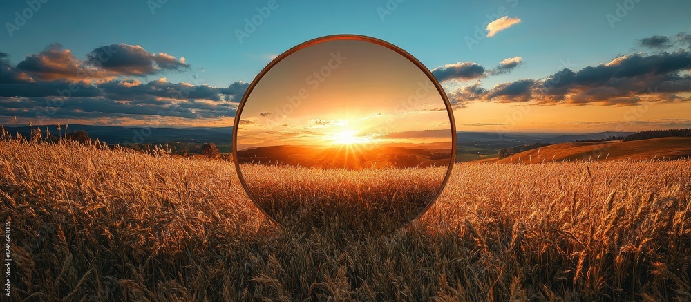 Poster golden sunset reflecting in a large round mirror with vibrant orange and blue hues surrounded by gol