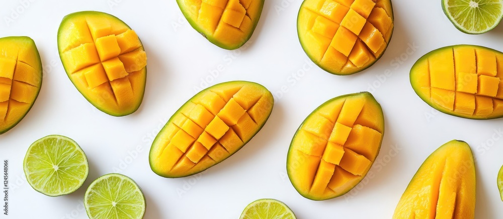 Poster Vibrant yellow mango slices and green lime halves artfully arranged on a clean white background creating a refreshing and colorful culinary display