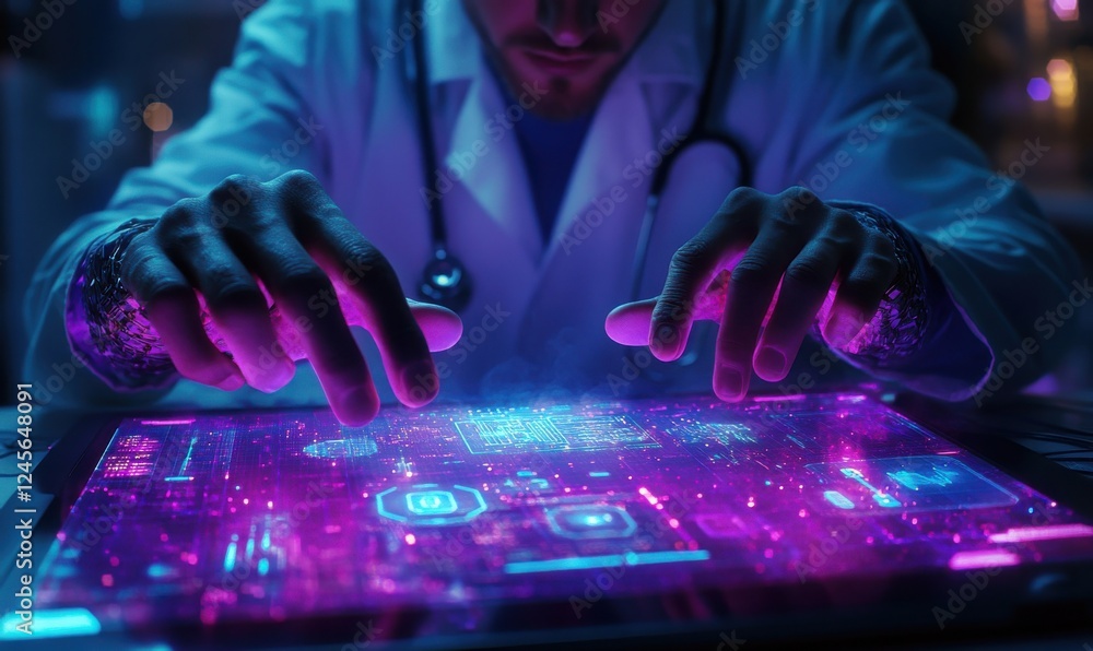 Poster scientist in a lab coat interacting with futuristic technology interface displaying glowing data and