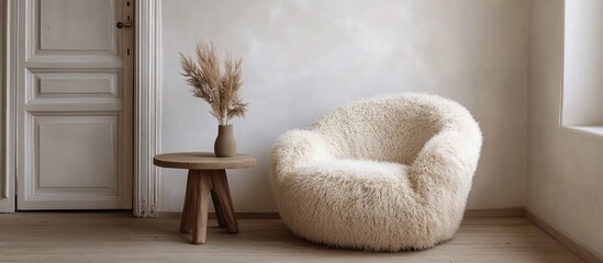 Cozy minimalist living room with a fluffy cream chair and wooden table beside an ajar white door, highlighting Scandinavian design elements.