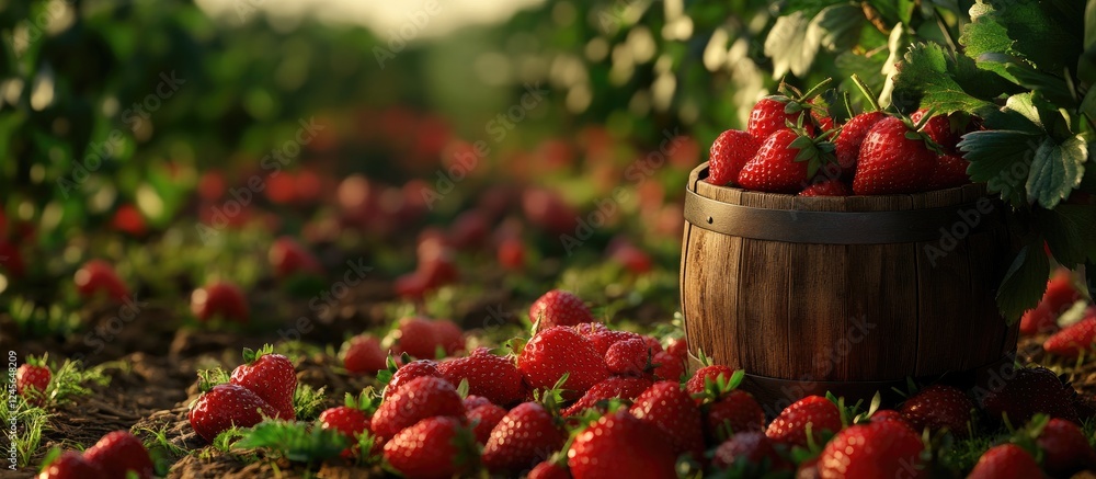 Poster vibrant strawberries spill from a rustic wooden bucket onto a lush green field creating a colorful n