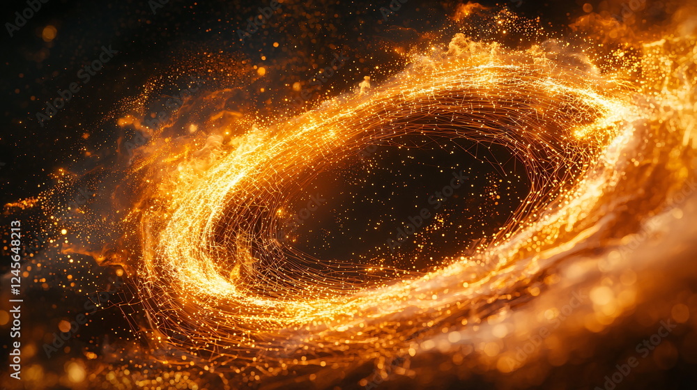 Poster golden vortex swirling with light particles creating an abstract cosmic atmosphere, resembling a gal