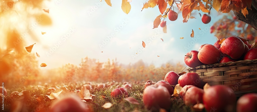 Poster vibrant scene of ripe red apples in a lush orchard with fallen leaves and warm sunlight illuminating